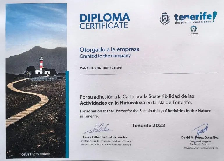Certificado Carta por la Sostenibilidad de las Actividades en la Naturaleza en la isla de Tenerife